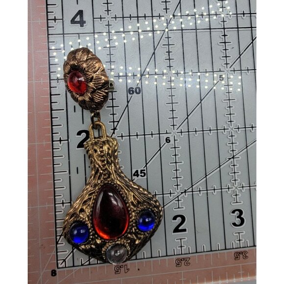 Vintage 1960s 70s Boho Clip On Earrings Red Blue White Cabochon Gold Tone Dangle - Picture 7 of 13